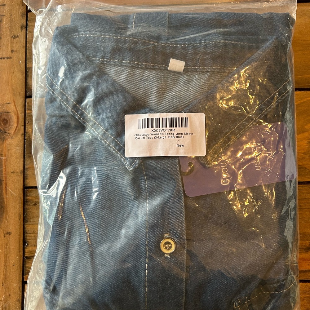 Chouyatou Button Down Denim Shirt Shirt Top Shacket XL Womens Blue Fall NWT - Picture 7 of 8